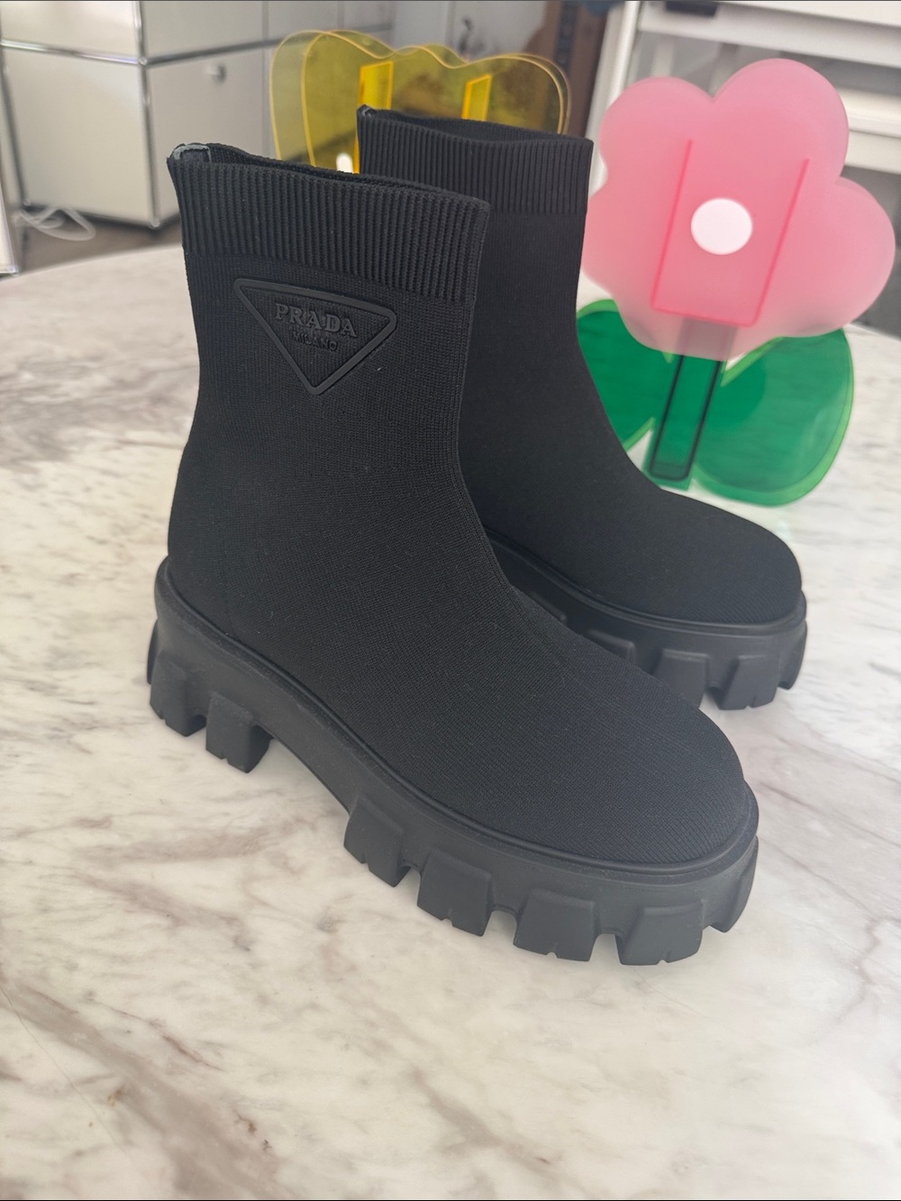 Black Stretch-Knit platform lug Sole Ankle Boots 35 NEW NO BOX